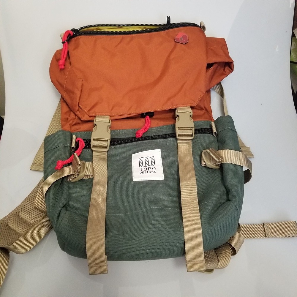 Topo Designs Backpack Mens Green Orange Canvas Nylon Laptop Travel Daypack Bag
